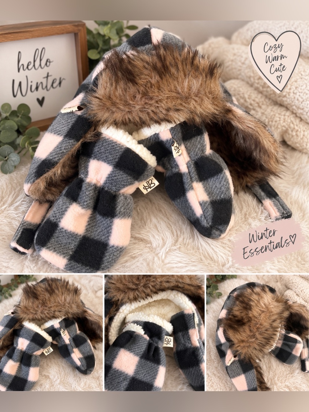 Baby 0-6M Plaid Faux Fur Trapper Hat & Mittens Set Pink Grey Winter
